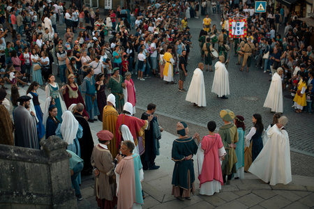 SANTA MARIA DA FEIRA, PORTUGAL - AUG 3, 2023: During annual Viagem Medieval festival. The 26th edition of the event takes place in historic city center, with a recreation of the reign of King Joao I.のeditorial素材