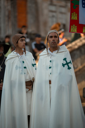 SANTA MARIA DA FEIRA, PORTUGAL - AUG 3, 2023: During annual Viagem Medieval festival. The 26th edition of the event takes place in historic city center, with a recreation of the reign of King Joao I.のeditorial素材