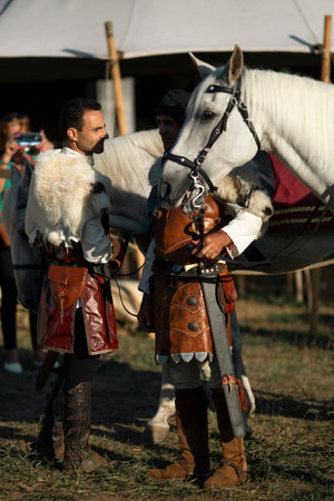SANTA MARIA DA FEIRA, PORTUGAL - AUG 3, 2023: During annual Viagem Medieval festival. The 26th edition of the event takes place in historic city center, with a recreation of the reign of King Joao I.のeditorial素材