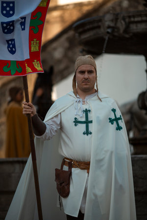 SANTA MARIA DA FEIRA, PORTUGAL - AUG 3, 2023: During annual Viagem Medieval festival. The 26th edition of the event takes place in historic city center, with a recreation of the reign of King Joao I.のeditorial素材