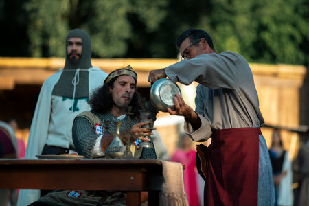 SANTA MARIA DA FEIRA, PORTUGAL - AUG 3, 2023: During annual Viagem Medieval festival. The 26th edition of the event takes place in historic city center, with a recreation of the reign of King Joao I.のeditorial素材