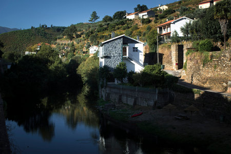 View of the mountain village of Vide in the foot of Serra da Estrela, Portugal.の写真素材