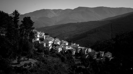 View of village in the foothills of Serra da Estrela, Portugal. Black and white photo.の写真素材