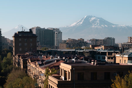 View of Yerevan, Armenia, with snow-capped Mount Ararat in the background.の写真素材