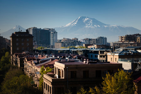 View of Yerevan with the snow-white peak of Ararat mountain in the background. Armenia.の写真素材