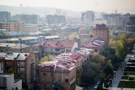 An aerial view of houses in the center of Yerevan, Armenia.