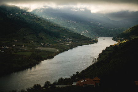 A view of the Douro River in overcast weather, Portugal.の写真素材