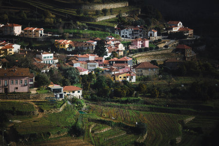 A Portuguese village in the hills of the Douro Valley in overcast weather.の写真素材