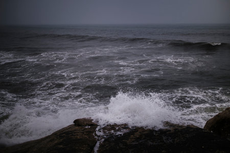 View of the Miramar Beach in rainy weather, Porto, Portugal.の写真素材