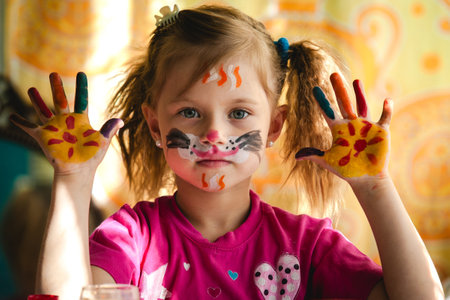 A girl with a colorful painted face, capturing the essence of childhood creativity and joy.