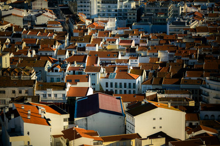 A view of the rooftops of NazarÃ©, Portugal, with a charming coastal atmosphere.の写真素材