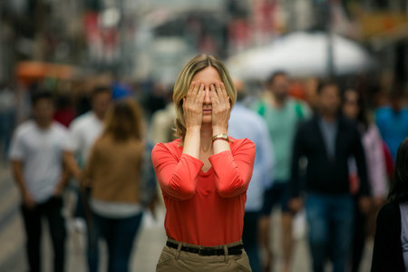 A woman stands in the middle of a crowded street, covering her eyes with her palms. The world moves around her, but she remains still, caught in a personal, private moment among the flow of strangers.の写真素材