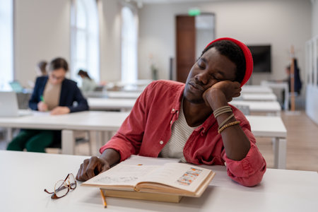 Sleepy lazy African American man falls asleep sits in library with head resting on desk with booksの写真素材
