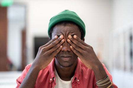 Tired stressed African guy student sitting in library massaging eyes feeling unmotivated to studyの写真素材