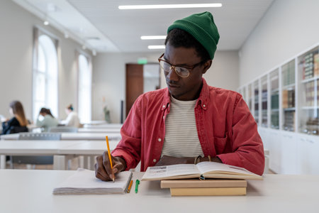 Talented young African American guy scientist wearing glasses studying in library. Education conceptの写真素材