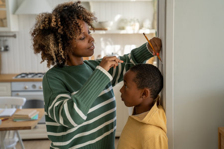 Smiling loving African American mother measuring height of her child son at homeの写真素材