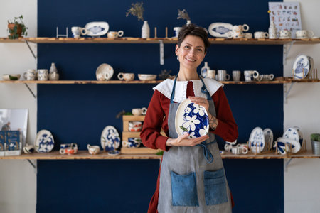 Smiling happy female pottery master in apron demonstrating handmade painted ceramic plateの写真素材