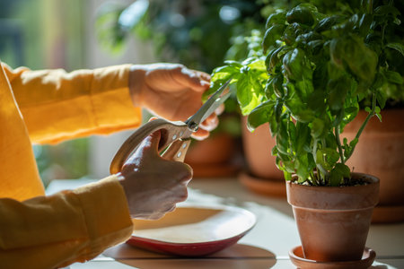 Girl cutting fresh leaves of home grown basil greens for cooking with scissors closeup. Healthy foodの写真素材