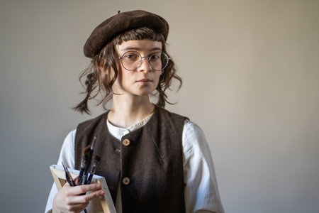 Freelance artist with calm concentrated glance holding canvas, paint brushes, looking at camera