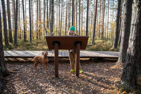 Tourist middle aged woman walking with dog on eco trail read information in Scandinavian forestの写真素材