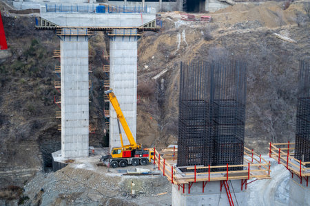 Process construction bridge for cars or trains and road transport infrastructure in mountainous area