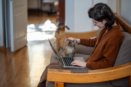 Tender loving girl sitting on couch, stroking cat who diverts girl attention from work, studyの写真素材