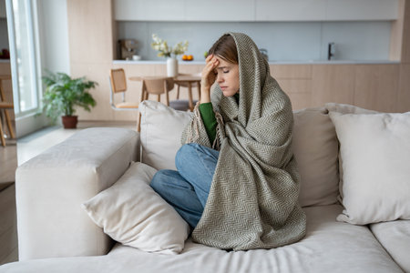 Suffering from pain, terrible headache, ill woman sitting on sofa covered in plaid, feeling coldの写真素材