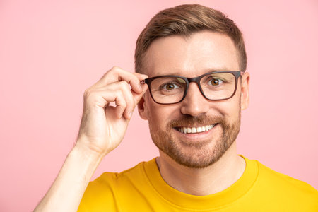 Friendly cheerful middle-aged unshaved man touching glasses and looking at camera pleasantly smiling