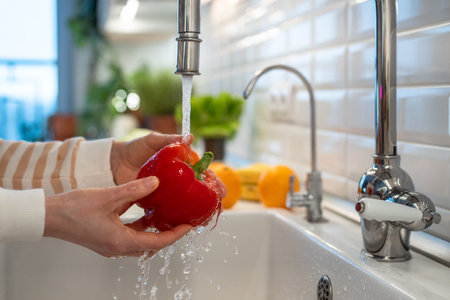 Closeup hands wash fresh sweet red peppers paprika on home kitchen for health. Vegan raw cuisine.の写真素材