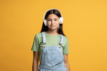 Girl music lover in headphones listening to music looking at camera on yellow background.の写真素材