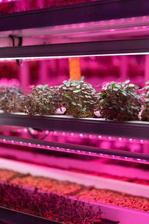 Full spectrum LED grow lights for Nasturtium. Hydroponics and modern methods of growing microgreens