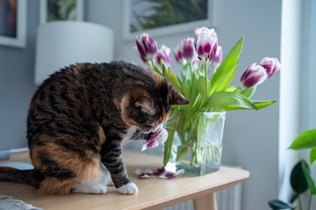 Domestic cat playing with tulip flowers holding petals in paw sitting on table.の写真素材