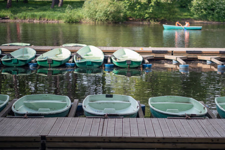 Public park with boats for rent parked on water by bridge. Active nature recreation, outdoor rest