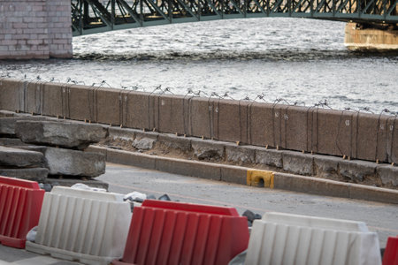 Neva river embankment maintenance. Reinforcing structure to prevent flooding under municipal care