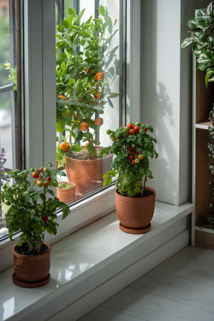 Homegrown small bush of balcony cherry red tomato in clay pots growing on windowsill at home.の写真素材