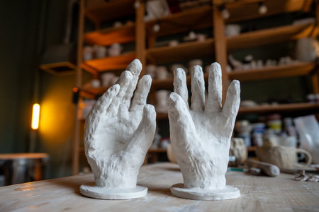 Two hand clay sculpture on table in pottery studio, skillful artistry and imaginative design artの写真素材