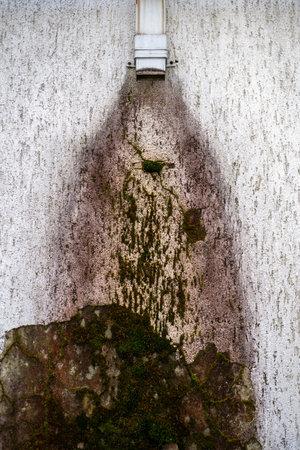 Mold on walls of building outside, humid tropical climate, damage wall by fungus.
