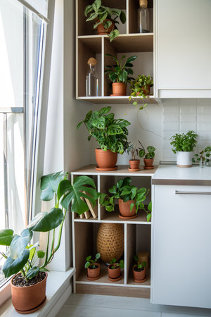 Home garden with green plants scindapsus, monstera, pilea, epipremnum in pots on shelves.の写真素材