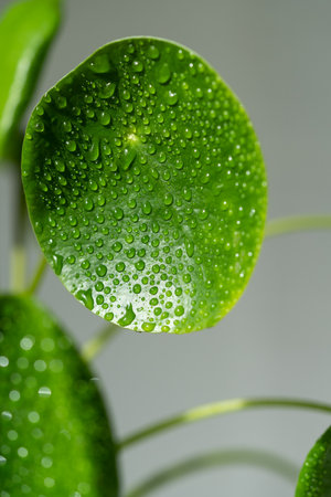 Pilea peperomioides after spraying with water. Chinese money plant with water drops on leaves.の写真素材