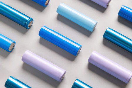 colorful used Nickel Metal Hydride (Ni-MH) battery, grey background, flat layの写真素材