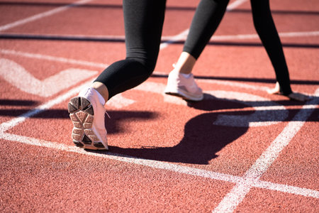 Rear view of woman jogger on running track getting ready to start run..