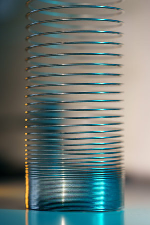 Closeup of coiled metal spring with sufficiently high strength and elastic properties in neon lightの写真素材