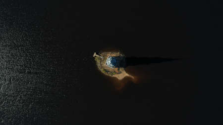 Kalyazin flooded Bell Tower from drone. Aerial view of Kalyazin, Russia. Russian orthodox...