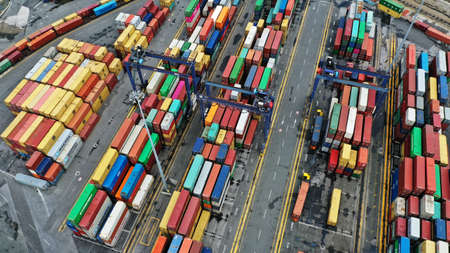 ITALY, SPEZIA- JULY 7, 2019: Terminal of La Spezia seaport. Freight containers in rows at the...