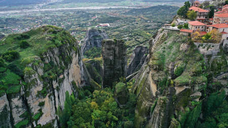 Aerial view of historical orthodox monasteries on the top of meteors cliffs, Kalampaka Kalabaka...
