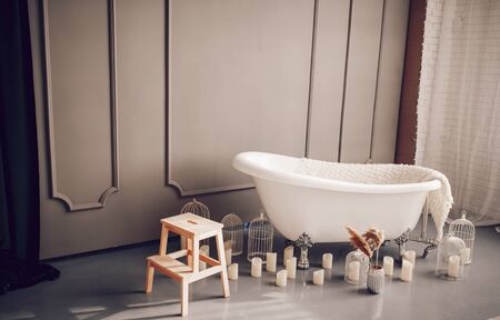 the bathroom is decorated with beautiful lights and decorationの写真素材