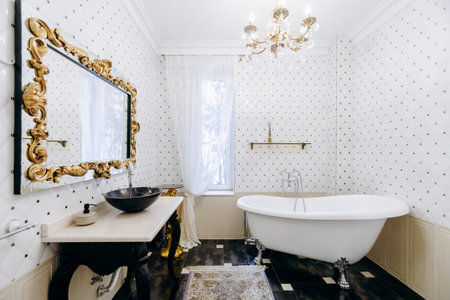 An Elegant Vintage Bathroom with Timeless Classic Fixtures and Chic Stylish Decorの写真素材