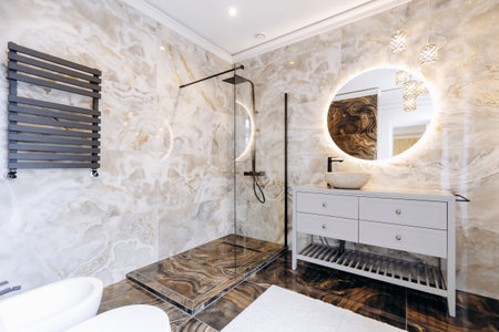 An Elegant and Modern Bathroom Design featuring Stylish Fixtures for a Refined Atmosphereの写真素材