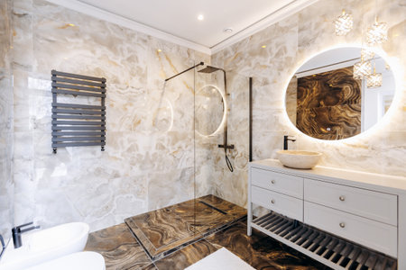 A Modern Luxurious Bathroom Featuring an Exquisite and EyeCatching Elegant Design Aestheticの写真素材