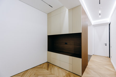 A modern minimalist interior design that features elegant wooden finishes for a stylish lookの写真素材